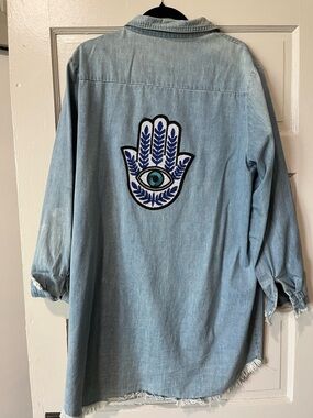 Light Blue Denim Button-Down Shirt with Embroidered Hamsa